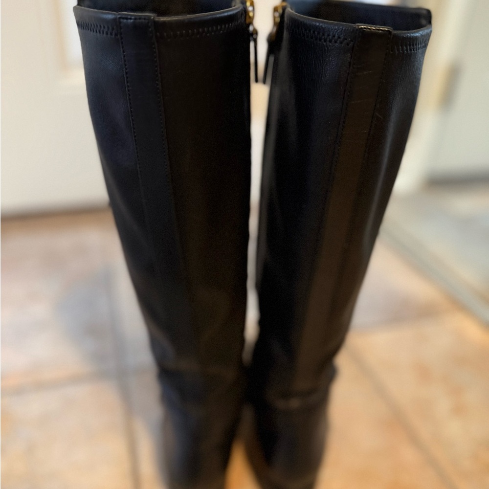 Tory Burch Black Leather Knee-High Heeled Boots with Gold Buttons - Picture 7 of 7